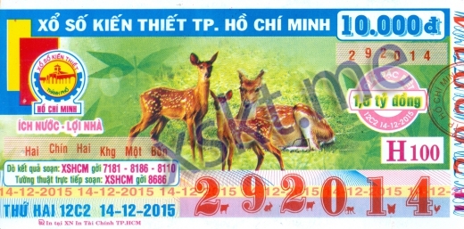 Mẫu vé sô xổ số Hồ Chí Minh ngày 14/12/2015