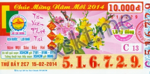 Mẫu vé sô xổ số Hồ Chí Minh ngày 15/2/2014