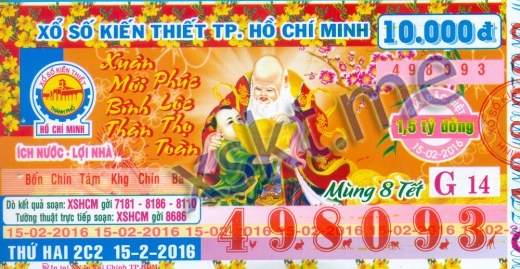 Mẫu vé sô xổ số Hồ Chí Minh ngày 15/2/2016