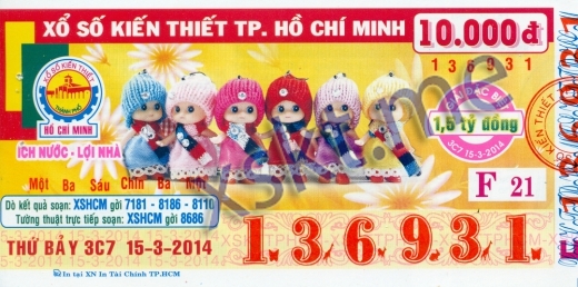 Mẫu vé sô xổ số Hồ Chí Minh ngày 15/3/2014