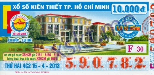 Mẫu vé sô xổ số Hồ Chí Minh ngày 15/4/2013