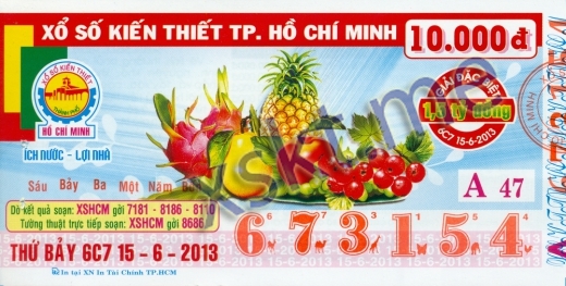 Mẫu vé sô xổ số Hồ Chí Minh ngày 15/6/2013