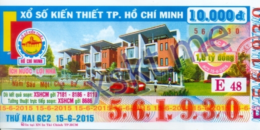 Mẫu vé sô xổ số Hồ Chí Minh ngày 15/6/2015