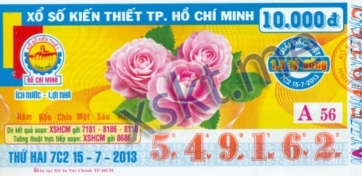 Mẫu vé sô xổ số Hồ Chí Minh ngày 15/7/2013