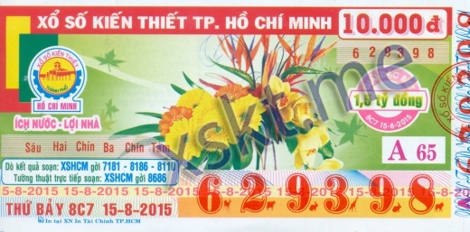 Mẫu vé sô xổ số Hồ Chí Minh ngày 15/8/2015