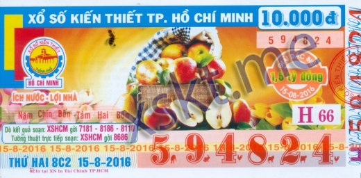 Mẫu vé sô xổ số Hồ Chí Minh ngày 15/8/2016