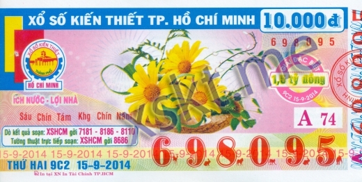 Mẫu vé sô xổ số Hồ Chí Minh ngày 15/9/2014