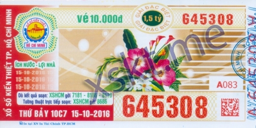 Mẫu vé sô xổ số Hồ Chí Minh ngày 15/10/2016
