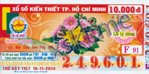 Mẫu vé sô xổ số Hồ Chí Minh ngày 15/11/2014