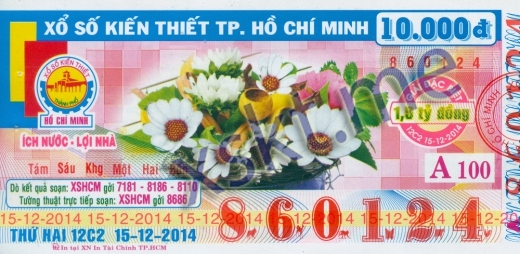 Mẫu vé sô xổ số Hồ Chí Minh ngày 15/12/2014