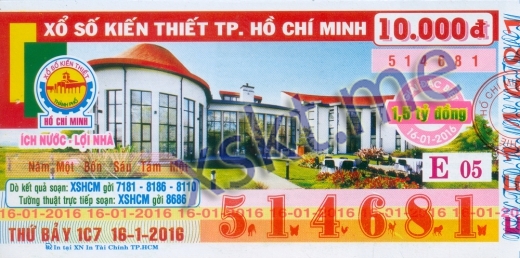 Mẫu vé sô xổ số Hồ Chí Minh ngày 16/1/2016