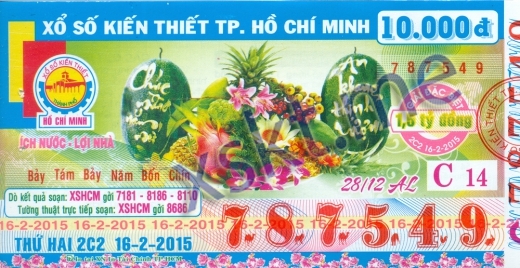 Mẫu vé sô xổ số Hồ Chí Minh ngày 16/2/2015