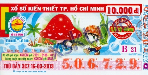 Mẫu vé sô xổ số Hồ Chí Minh ngày 16/3/2013