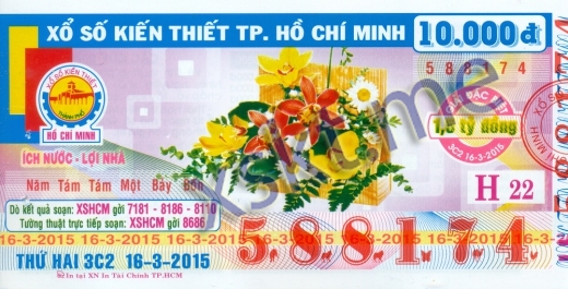 Mẫu vé sô xổ số Hồ Chí Minh ngày 16/3/2015