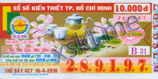 Mẫu vé sô xổ số Hồ Chí Minh ngày 16/4/2016