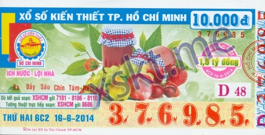 Mẫu vé sô xổ số Hồ Chí Minh ngày 16/6/2014