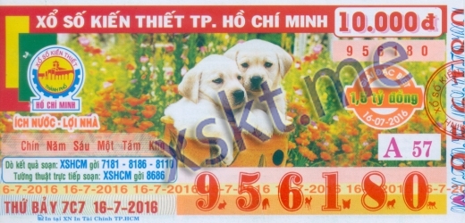 Mẫu vé sô xổ số Hồ Chí Minh ngày 16/7/2016