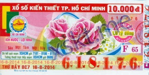 Mẫu vé sô xổ số Hồ Chí Minh ngày 16/8/2014