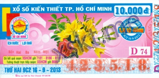Mẫu vé sô xổ số Hồ Chí Minh ngày 16/9/2013