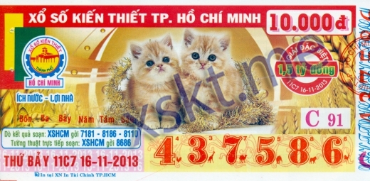 Mẫu vé sô xổ số Hồ Chí Minh ngày 16/11/2013