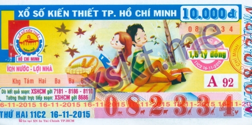 Mẫu vé sô xổ số Hồ Chí Minh ngày 16/11/2015