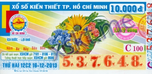 Mẫu vé sô xổ số Hồ Chí Minh ngày 16/12/2013