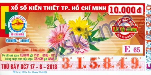 Mẫu vé sô xổ số Hồ Chí Minh ngày 17/8/2013