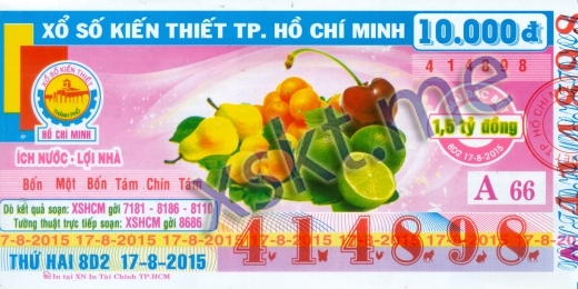 Mẫu vé sô xổ số Hồ Chí Minh ngày 17/8/2015