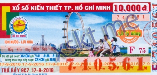 Mẫu vé sô xổ số Hồ Chí Minh ngày 17/9/2016