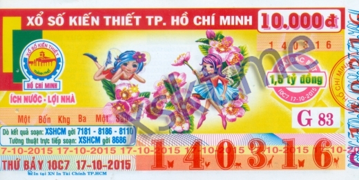 Mẫu vé sô xổ số Hồ Chí Minh ngày 17/10/2015