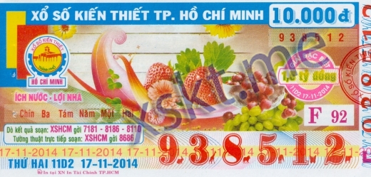 Mẫu vé sô xổ số Hồ Chí Minh ngày 17/11/2014