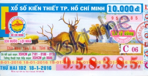 Mẫu vé sô xổ số Hồ Chí Minh ngày 18/1/2016
