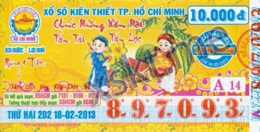 Mẫu vé sô xổ số Hồ Chí Minh ngày 18/2/2013