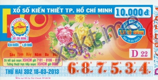 Mẫu vé sô xổ số Hồ Chí Minh ngày 18/3/2013