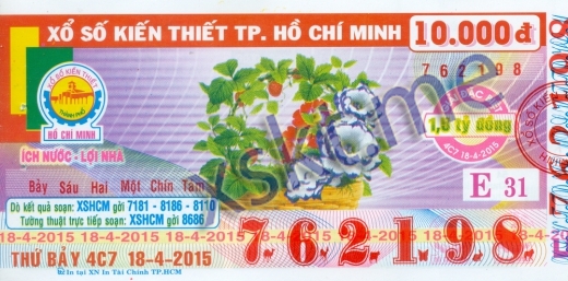 Mẫu vé sô xổ số Hồ Chí Minh ngày 18/4/2015