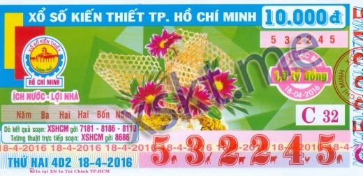 Mẫu vé sô xổ số Hồ Chí Minh ngày 18/4/2016