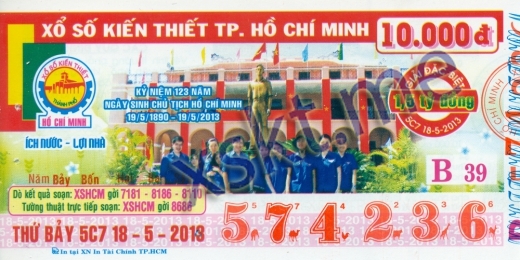 Mẫu vé sô xổ số Hồ Chí Minh ngày 18/5/2013