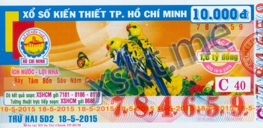 Mẫu vé sô xổ số Hồ Chí Minh ngày 18/5/2015