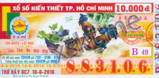 Mẫu vé sô xổ số Hồ Chí Minh ngày 18/6/2016