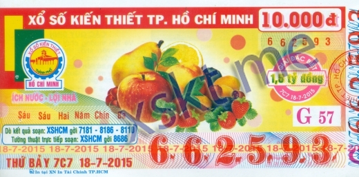 Mẫu vé sô xổ số Hồ Chí Minh ngày 18/7/2015