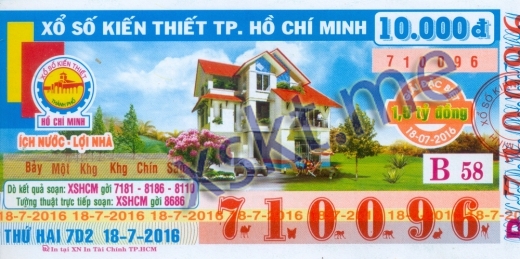 Mẫu vé sô xổ số Hồ Chí Minh ngày 18/7/2016