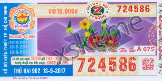 Mẫu vé sô xổ số Hồ Chí Minh ngày 18/9/2017