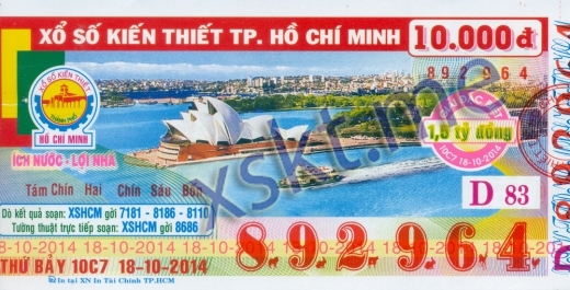 Mẫu vé sô xổ số Hồ Chí Minh ngày 18/10/2014