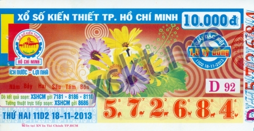 Mẫu vé sô xổ số Hồ Chí Minh ngày 18/11/2013