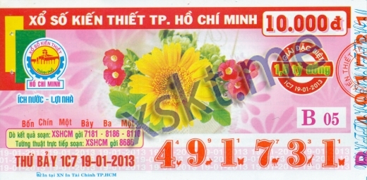 Mẫu vé sô xổ số Hồ Chí Minh ngày 19/1/2013