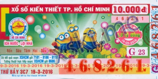 Mẫu vé sô xổ số Hồ Chí Minh ngày 19/3/2016