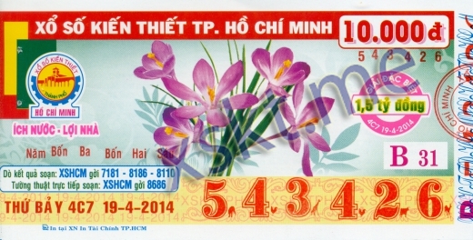 Mẫu vé sô xổ số Hồ Chí Minh ngày 19/4/2014