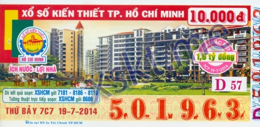 Mẫu vé sô xổ số Hồ Chí Minh ngày 19/7/2014