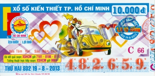 Mẫu vé sô xổ số Hồ Chí Minh ngày 19/8/2013