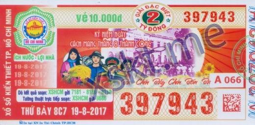 Mẫu vé sô xổ số Hồ Chí Minh ngày 19/8/2017